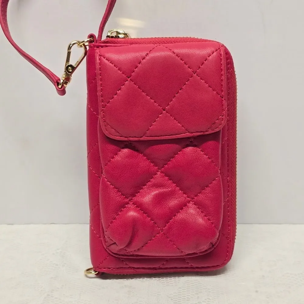 DKNY Hot Pink Fuchsia Quilted Genuine Leather Wallet Wristlet Cell Phone Case